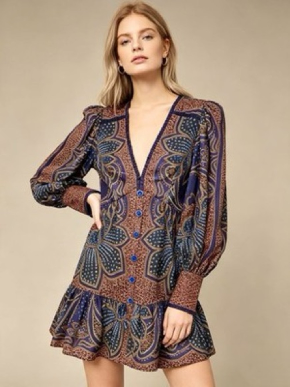 NWT FARM Rio Navy & Brown Paisley V-Neck Mini Dress